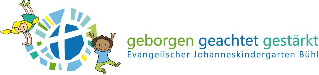 Headerbild des Johanneskindergartens Bühl wo 2 Kinder am Logo klettern. Daneben steht das Leitbild - Geborgen - Geachtet - Gestärkt.