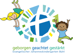 Headerbild des Johanneskindergartens Bühl wo 2 Kinder am Logo klettern. Daneben steht das Leitbild - Geborgen - Geachtet - Gestärkt.